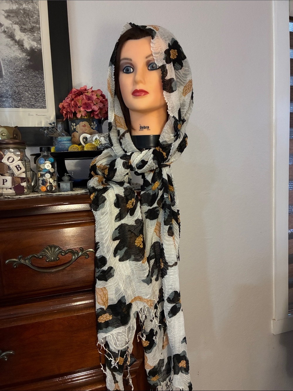 Lightweight Floral Scarf for Women - Black & Cream